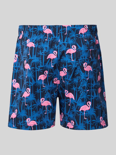 Productfoto, heren zwemshort in allover-look, regular fit, elastische tailleband, donkerblauw met roze flamingo's, model 'MAUI VIBES NOVELTY' van Jack & Jones