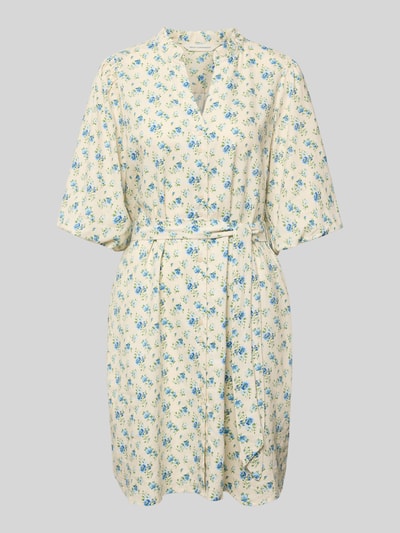 Produktfoto, Knielanges Kleid aus Leinen-Mix Modell 'Solfried' von MSCH Copenhagen mit Taillierter Passform, Halbarm, Stehkragen, Rüschenbesatz, zartes Creme mit blauem Blumenmuster, glatte Textur, Leinen-Viskose-Anteil
