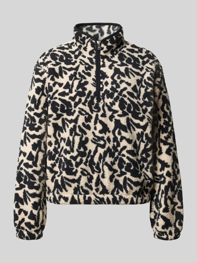Produktfoto, Regular Fit Troyer mit Stehkragen Modell 'NEW' von ONLY, beige-schwarz gemustert, flauschige Textur, Damen Troyer von ONLY