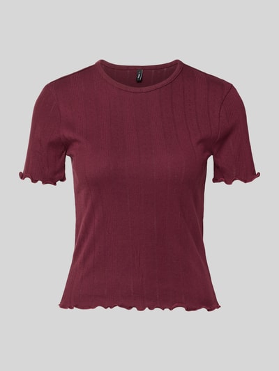 Produktfoto, dunkelrotes Slim Fit T-Shirt aus Baumwoll-Mix Modell 'TENNA' von ONLY, Damen T-Shirt von ONLY vor grauem Hintergrund.