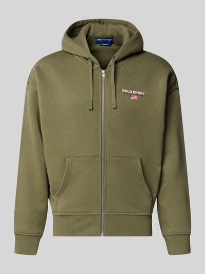 Produktfoto, Regular Fit Sweatjacke aus Baumwoll-Mix von Polo Ralph Lauren in Olivgrün mit Reißverschluss und Logo-Detail auf der Brust
