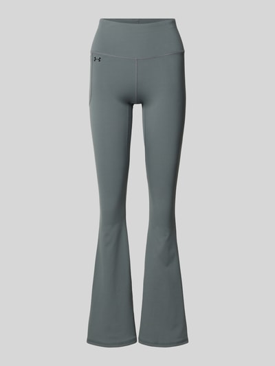 Produktfoto, Flared Fit Leggins mit breitem Bund Modell 'Motion' von Under Armour in Grau, elastischer Material-Mix, Beintasche, Logo-Print.