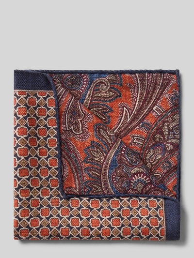 Produktfoto, Einstecktuch aus reiner Seide von Verugia, quadratisch, 30x30 cm, gemustert in Rot, Blau und Orange, weiche Textur