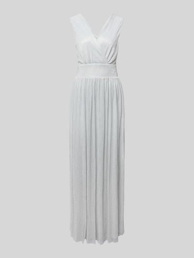 Produktfoto, Regular Fit Abendkleid in Plissee-Optik von GUIDO MARIA KRETSCHMER WOMAN, ärmelloses Design mit V-Ausschnitt, taillierte Passform, silberfarben, feine Faltenstruktur, Rückenlänge 155 cm, Brustweite 31 cm bei Größe 36.