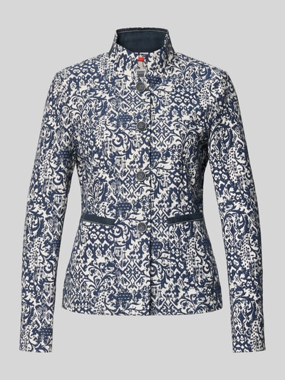Produktfoto, Slim Fit Blazer im Allover-Look mit Stehkragen von WHITE LABEL, materiał miksowany z bawełną, krój slim fit, wzór allover, stójka, listwa guzikowa, długość tyłu w rozmiarze 36: 62 cm, szerokość w rozmiarze 36: 46 cm, długość rękawa w rozmiarze 36: 63 cm, granatowo-białe wzory, gładka faktura