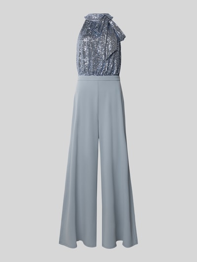 Productfoto, Regular Fit Jumpsuit mit Pailettenbesatz van Swing, blauwe tinten, elastische materiaalmix, opstaande kraag, sierstrik, mouwloos design, getailleerd, rugdecolleté, totale lengte maat 36: 155 cm, borstwijdte: 34 cm, binnenbeenlengte: 78 cm.