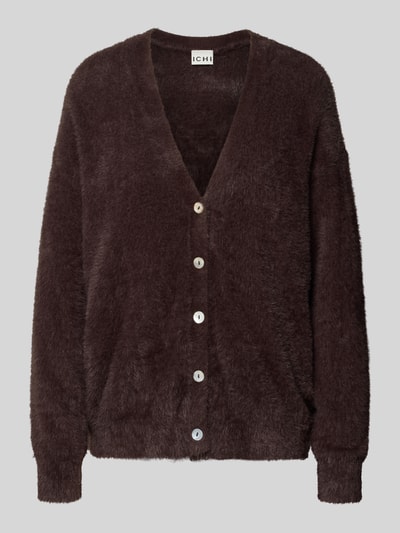 Produktfoto, Strickjacke mit durchgängiger Knopfleiste Modell 'BRULA' von ICHI in dunkelbrauner Strick-Optik mit gerippten Bündchen, Oversized Fit