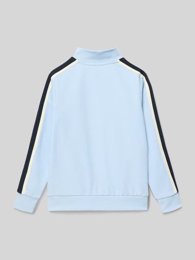 Produktfoto, bluza rozpinana z mieszanki lnu o kroju straight fit, stójka, zamek błyskawiczny, wpuszczane kieszenie, wyhaftowany napis, detal z logo, model 'COTEDAZUR' od Jack & Jones, jasnoniebieska z ciemnymi i kremowymi wstawkami