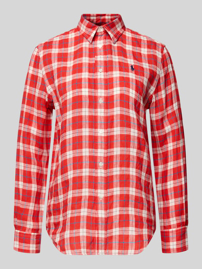 Produktfoto, Oversized Hemdbluse aus reinem Leinen von Polo Ralph Lauren in rot-weißem Gitterkaro, Knopfleiste, Logo-Stitching, Flammgarnstruktur.
