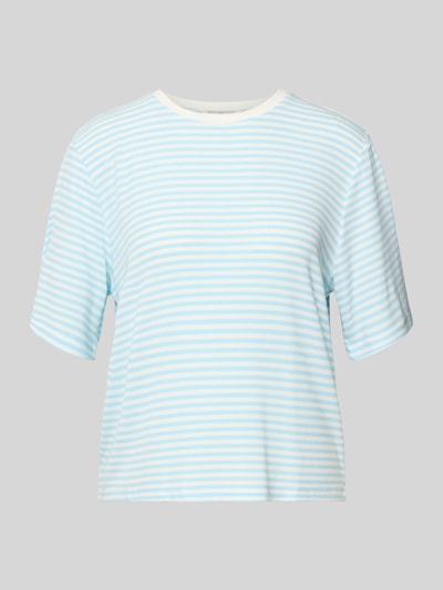 Produktfoto, Regular Fit T-Shirt aus Modal-Mix Modell 'Jana' von MSCH Copenhagen, Damen T-Shirt mit Rundhalsausschnitt und Halbarm, Rückenlänge 53 cm, hellblau-weiß gestreift