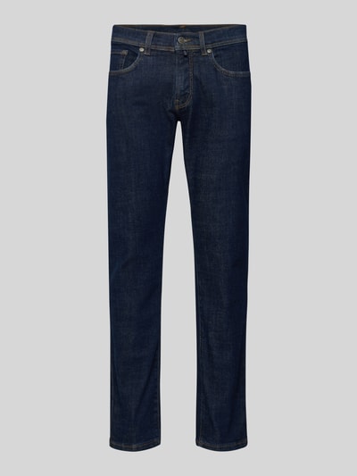 Produktfoto, donkerblauwe Tapered Fit Jeans im 5-Pocket-Design Modell 'Lyon' van Pierre Cardin, katoenmix met stretch, rechte pijpen, zichtbaar stiksel, zichtbaar knoop en ritssluiting.