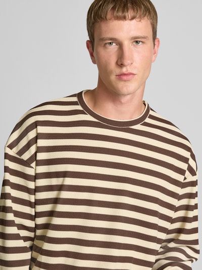 Redefined Rebel Oversized shirt met lange mouwen, ronde hals en gebreid motief, model 'Lewis' Donkerbruin - 3