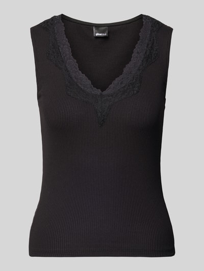 Produktfoto, Trägertop mit V-Ausschnitt und Spitze von Gina Tricot z mieszanki bawełny, dopasowany krój, efekt prążkowania, czarny.