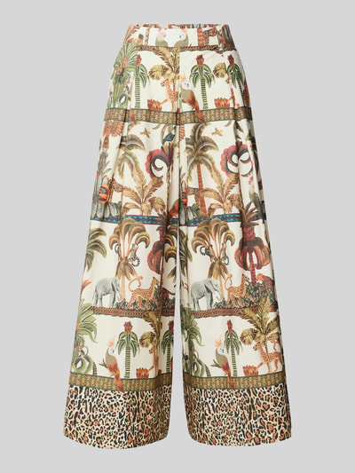 Produktfoto, Wide Leg Hose im Allover-Look von MORE & MORE, reine Baumwolle, buntes Muster mit Tier- und Pflanzenmotiven, elastischer Bund