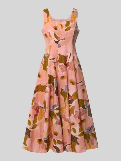 Produktfoto, sukienka midi z mieszanki lnu i bawełny Ted Baker Model 'Shivana', taliowany krój, kwiatowy nadruk na całej powierzchni, krój bez rękawów, długość tyłu w rozmiarze 36: 110 cm, szerokość w rozmiarze 36: 44 cm