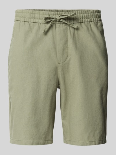 Produktfoto, Regular Fit Shorts aus Baumwoll-Leinen-Mix Modell 'LINUS' von Only & Sons in hellem Grün, unifarben, elastischer Bund mit Tunnelzug, Eingrifftaschen, Gesäßtasche, dezente Textur