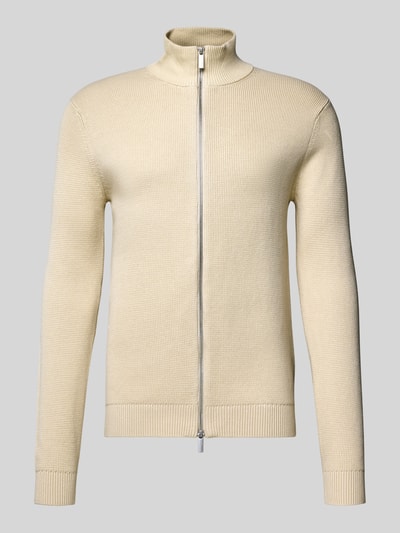 Produktfoto, Regular Fit Strickjacke aus reiner Baumwolle Modell 'DAME' von SELECTED HOMME, beige, unifarben, Strickstruktur, Stehkragen, Zweiwege-Reißverschluss, ärmellang, gerippte Abschlüsse, Label Stitching