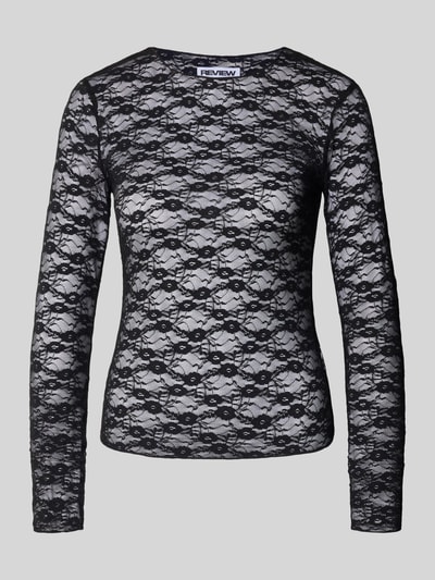 Produktfoto, Longsleeve aus floraler Spitze von REVIEW in Schwarz, Rundhalsausschnitt, semi-transparente Optik, eng anliegend, Stretch-Anteil