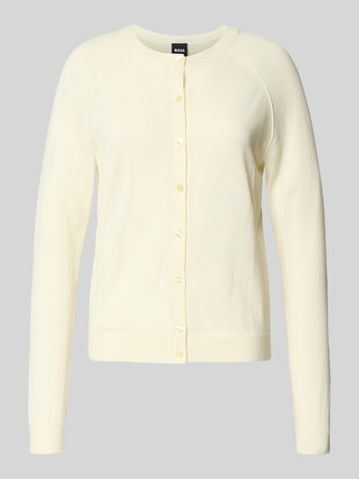Produktfoto, cremefarbene Relaxed-Fit Strickjacke aus reiner Schurwolle Modell 'FONAMI' von BOSS, Damen Strickjacke.