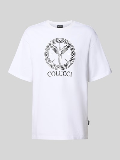 Produktfoto, weißes T-Shirt mit Label-Print Modell 'IKARUS' von COLUCCI aus reiner Baumwolle, Relaxed Fit, Rundhalsausschnitt, glatte Textur