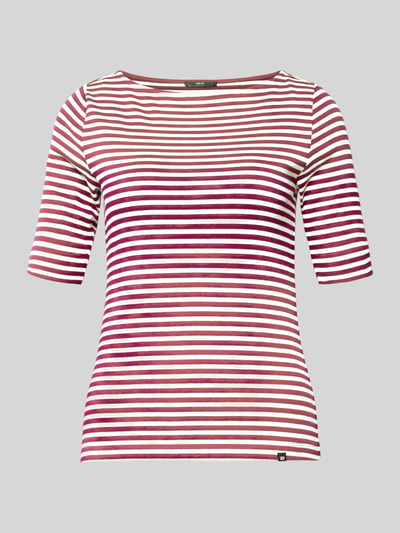 Produktfoto, T-Shirt mit U-Boot-Ausschnitt und Label-Detail von Zero, gestreiftes Damen T-Shirt aus Baumwoll-Mix mit Stretch-Anteil, gerader Schnitt, 3/4-Arm, Rückenlänge 56 cm bei Größe 36, weiß-rosa-rot gestreift