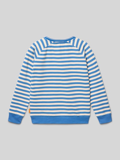 Produktfoto, niebiesko-biała bluza w paski z mieszanki bawełny, wyhaftowany motyw oraz detal z logo, krój loose fit, okrągły dekolt, Sweatshirt mit Motiv-Stitching und Label-Detail od Steiff