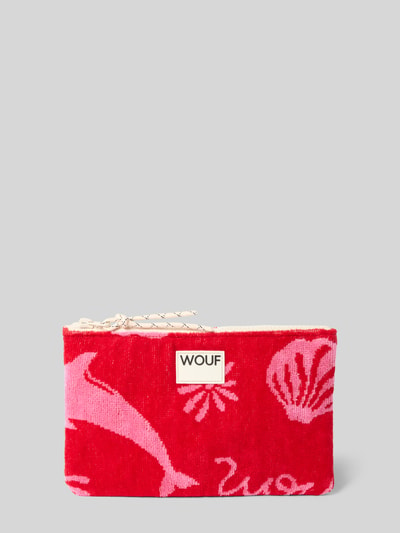 Produktfoto, Pouch mit Label-Patch Modell 'Tulum' von WOUF aus Bio-Baumwolle, rot mit rosa Muster, Reißverschluss, maritimes Design.