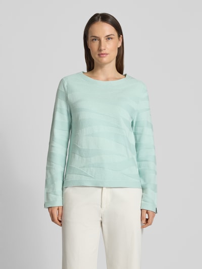 Vrouwenmodel draagt Regular Fit Pullover uit zuivere katoen van Tom Tailor, mintgroen, structuurpatroon, ronde hals, fijngebreid, long sleeves, rolzoom, voorkant volledige lichaam.