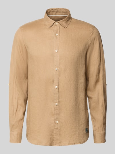 Produktfoto, Regular Fit Leinenhemd aus reinem linnen Modell 'CORE' van Scotch & Soda in beige met doorlopende knoopsluiting, met lange mouwen, kentkraag, labelstitching, ruglengte maat M 78 cm, schouderbreedte 45 cm, mouwlengte 66 cm, heren
