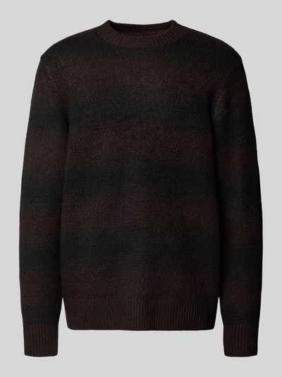 Produktfoto, Strickpullover mit Rundhalsausschnitt von Jack & Jones Premium für Herren, Material-Mix mit Woll-Anteil, lockerer Schnitt, gerippte Abschlüsse, Rückenlänge 68 cm, Ärmellänge 68 cm, dunkle Querstreifen in Schwarz und Braun, weiche Textur