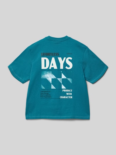 Produktfoto, Regular fit T-Shirt mit Statement-Print von Garcia, dziecięcy t-shirt z bawełny, krój regular fit, nadruk z napisem, okrągły dekolt, długość tyłu w rozmiarze 140: 56 cm, turkusowy kolor, proste kształty, gładka tekstura.