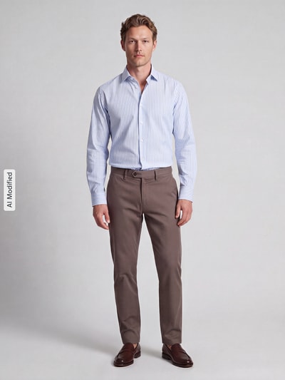 Männermodel trägt Regular Fit Businesshemd aus Baumwoll-Mix Modell 'H-Joe-kent' von BOSS, hellblau-weiß gestreift, Ganzkörperansicht von vorne, Herren Businesshemd von BOSS.