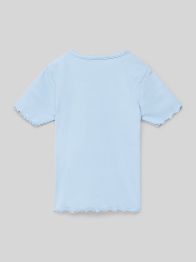 Productfoto, Regular Fit T-shirt uit katoenmix model 'Trinny' van Only voor kinderen, effen kleur lichtblauw, fijnribstructuur, korte mouw met frill, rompzoom met frill