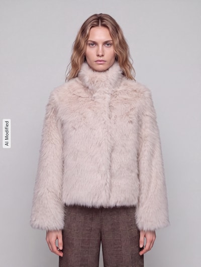VERO MODA Modern Fit Webpelzjacke mit hohem Stehkragen Ecru 4