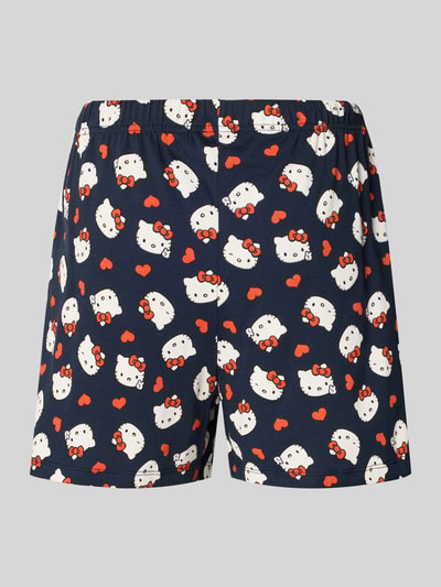 Produktfoto, Regular Fit Pyjama-Shorts mit Allover-Motiv-Print von Jake*s Casual aus reiner Baumwolle, dunkelblauer Stoff mit weißen Motiv-Prints und roten Akzenten, elastischer Bund mit Tunnelzug.