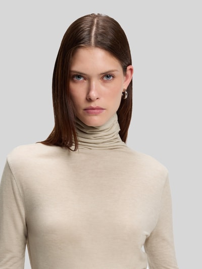BOSS bluzka z długim rękawem o kroju slim fit z mieszanka lyocellu i wełny model 'Elavus' Piaskowy 3