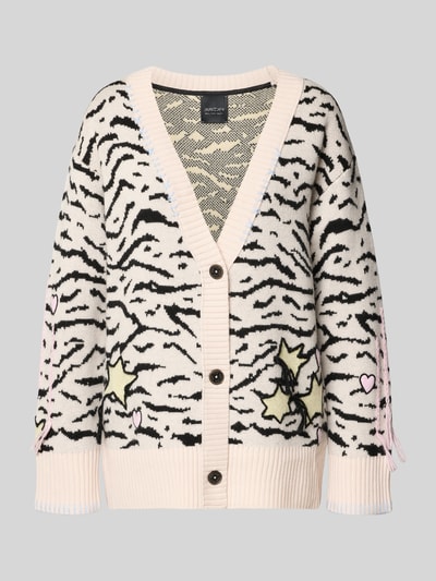 Produktfoto, Strickjacke mit Knopfleiste von Marc Cain aus reiner Baumwolle im lockerer Schnitt mit gerippten Abschlüssen, V-Ausschnitt, helle Grundfarbe mit schwarzem Zebramuster, pastellfarbene Sterne und Herzen als Akzente, Rückenlänge 68 cm, Ärmellänge 56 cm