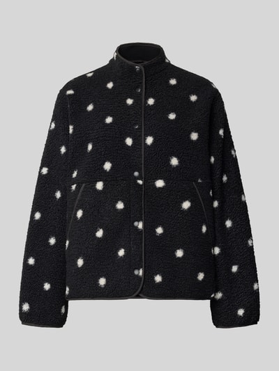 Produktfoto, schwarze Regular Fit Jacke aus Teddyfell Modell 'VERA' von JJXX mit weißen Punkten, Stehkragen, Knopfleiste, Eingrifftaschen