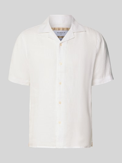 Produktfoto, Modern Fit Freizeithemd aus Leinen Modell 'CAMICIA' von MARKUP in Weiß, glatte Textur, Kurzarm, Kentkragen, Knopfleiste