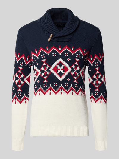 Produktfoto, Slim Fit Strickpullover aus Baumwoll-Mix mit Troyer-Kragen von MCNEAL, Muster in Dunkelblau, Rot und Weiß, gerippte Abschlüsse, Herren Strickpullover, langärmelig, überschnittene Schultern, Rückenlänge 68 cm, Ärmellänge 72 cm