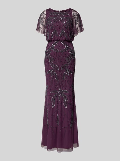 Produktfoto, Abendkleid mit Perlen und Pailletten von Christian Berg Cocktail in dunklem Lila, Maxikleid tailliert, Rundhalsausschnitt, feine Details