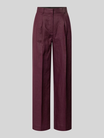 Produktfoto, gerade geschnittene Damen Stoffhose aus Reine Leinen in Dunkelrot, Modell 'Tempoli' von Mango mit Bügelfalten, Haken- und Reißverschluss, Bundweite 40 cm, Innenbeinlänge 76 cm, Straight Fit