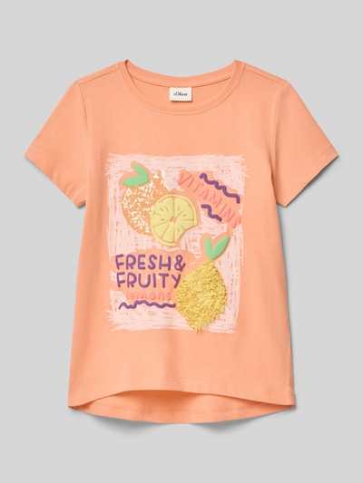 Produktfoto, Loose Fit T-Shirt aus reiner Baumwolle von s.Oliver RED LABEL in Apricot, unifarben, Artwork Print mit Zitronen, Rundhals, Kurzarm, Jersey