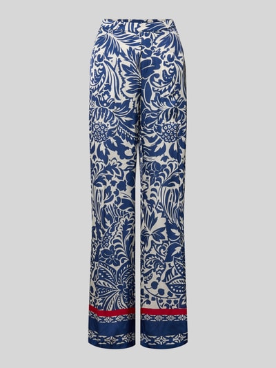 Produktfoto, Hose aus Viskose-Mix mit elastischem Bund von WHITE LABEL mit blau-weißem floralen Muster, Straight Fit, rote Akzentstreifen, Detailansicht, Damen Hose, Bundweite 37 cm, Innenbeinlänge 85 cm.