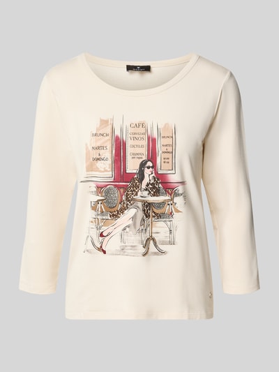 Produktfoto, T-Shirt aus Viskose-Mix mit Motiv-Print und 3/4-Arm von monari, cremefarben, Rundhalsausschnitt, Regular Fit, Stretch-Anteil, Damen T-Shirt, Rückenlänge 57 cm bei Größe 36