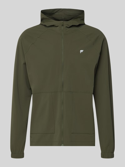 Produktfoto, Regular Fit Jacke mit Kapuze Modell 'The One' von Fabletics, olivgrüner Elastischer-Material-Mix, Logo-Print, Reißverschluss, AufgesetzteTaschen