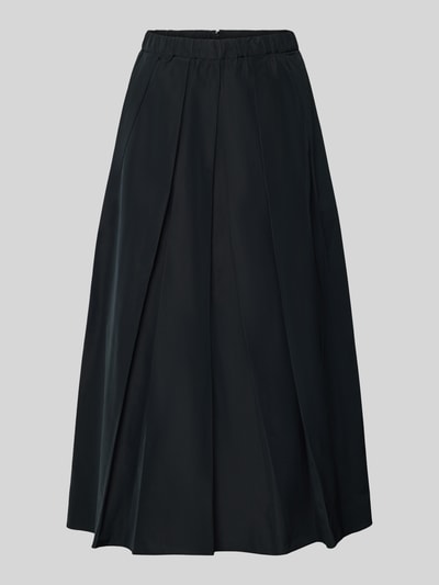 Produktfoto, czarny, jednokolorowy Midi-Rock z bawełnianą domieszką, model CURVATO od Weekend Max Mara, fason rozkloszowany, długość midi, elastyczny pas, zamykany na ukryty suwak, gładka tekstura.