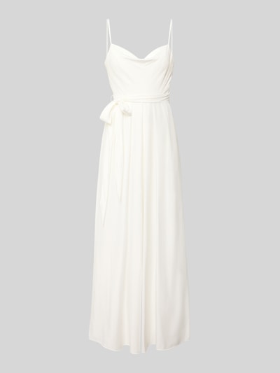 Produktfoto, Jumpsuit mit Wasserfall-Ausschnitt und Spaghettiträgern von Hey Kyla, satyna, taliowany fason, wiązany pasek, zapięcie na haftkę i zamek błyskawiczny z tyłu, długość tyłu w rozmiarze 36: 39 cm, szerokość klatki piersiowej w rozmiarze 36: 33 cm, całkowita długość w rozmiarze 36: 154 cm, długość wewnętrzna nogawki w rozmiarze 36: 84 cm