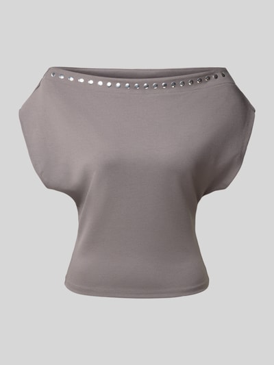 Produktfoto, T-Shirt met viscose, elastische materiaalmix, getailleerd, Met studs, one-shoulder design, Ruglengte maat S 47 cm, Model 'Decor' van Gina Tricot