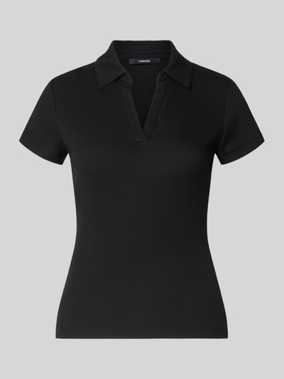 Produktfoto, T-Shirt mit Polokragen Modell 'Kleoh Polo' von Someday, Damen T-Shirt, Schwarz, Ripp-Optik, Baumwoll-Elasthan-Mix, Slim-Fit, V-Ausschnitt